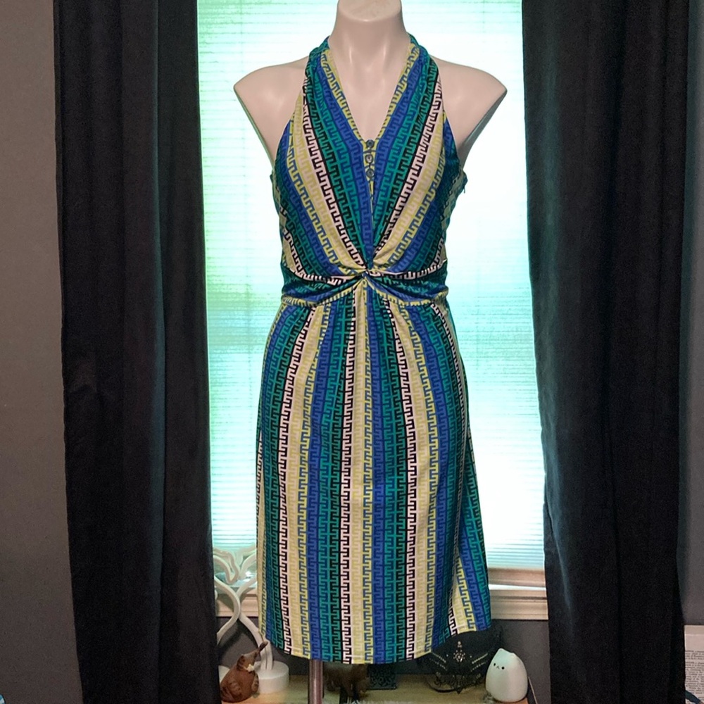 Laundry by Shelli Segal Greek key print knot front detail lined dress size 10